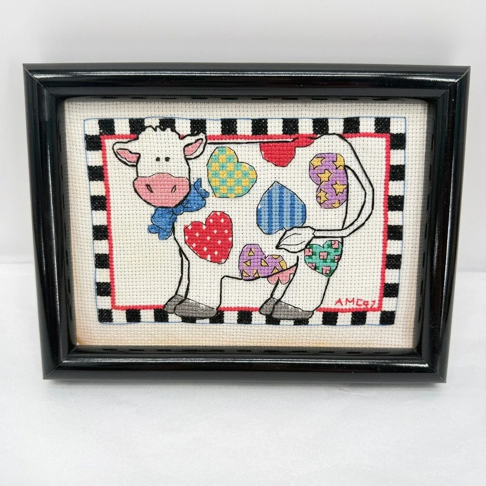 Framed Cross Stitch Patchwork Heart Cow Country Cottage Core Decor Folk Art